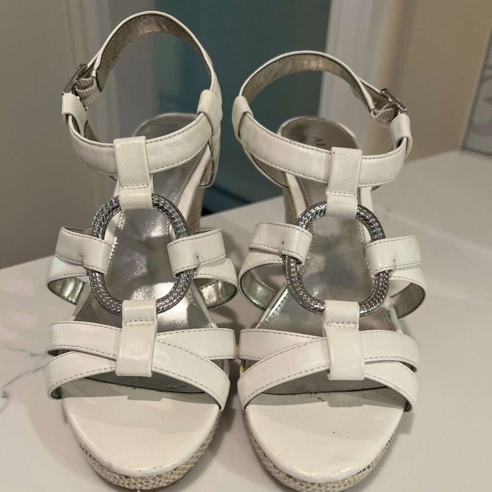 White Alfani Wedge Sandals Size 7.5 – Strappy with Silver Accents